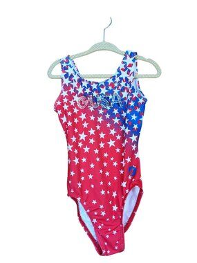 CSM Gymnastic G. USA Leotard Patriotic Girls Youth shoulder to bottom 19" unstre